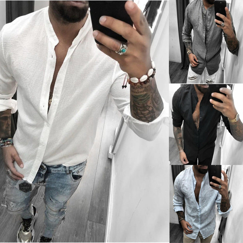 New Men's Breathable Casual Fashion Cotton And Linen Long-sleeved Shirt