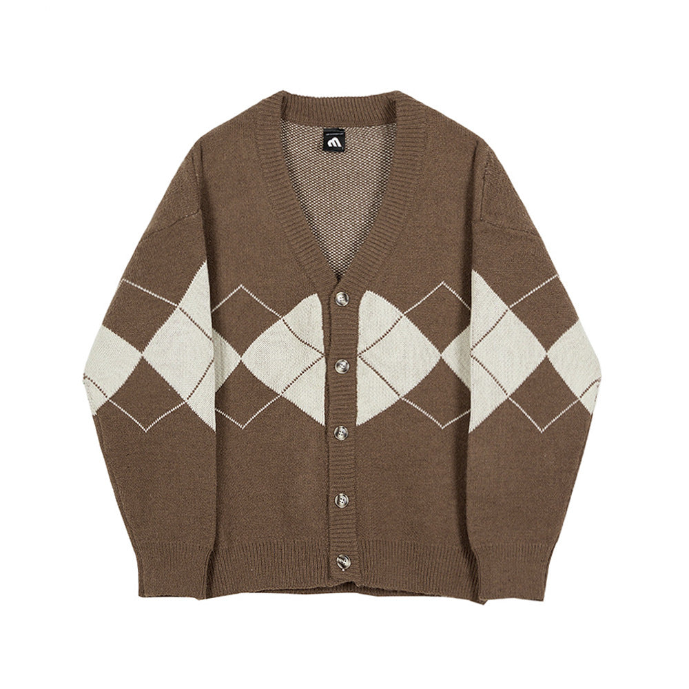 Diamond Check Color Contrast Cardigan Men's Long-sleeved Sweater