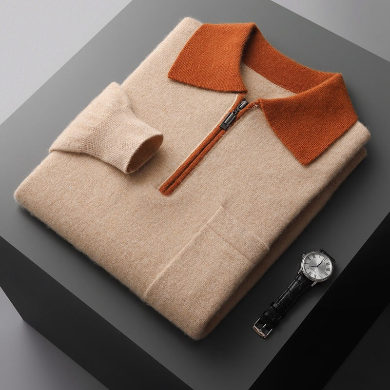 Foreign Trade Men's Autumn And Winter Contrast Color Wool Knitted Half-open Polo Long-sleeved Fleece Sweater