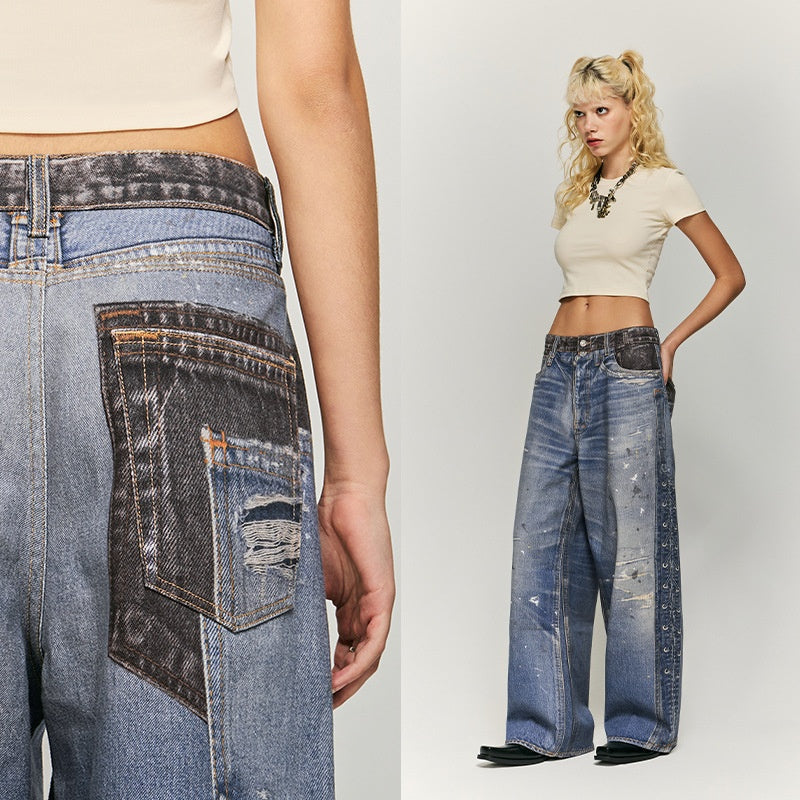 Vintage Washed Ripped Digital Printing Jeans