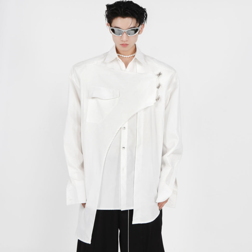 Double-layer Design Metal Embellished Long Sleeve Padded Shoulder Shirt