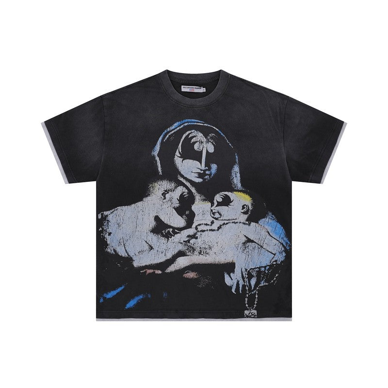 Retro Figure Printed Summer High Street Men And Women Loose Leisure Washed-out Distressed Short Sleeve