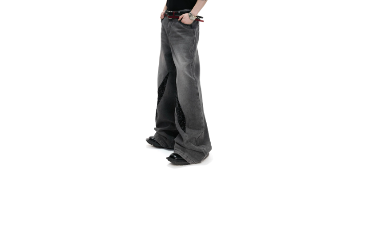 Washed Jeans Distressed Streamer Sequins Casual Straight Pants Men