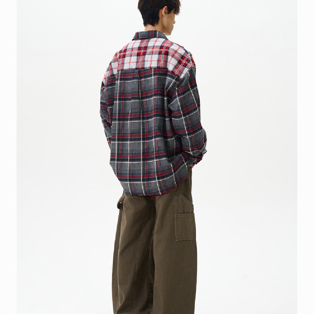 Retro Distressed Patchwork Checkered Long Sleeved Shirt For Men And Women