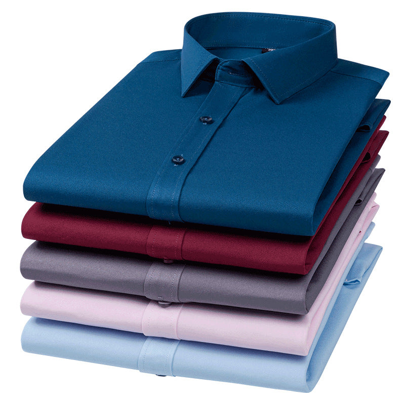 Men's Spring Long Sleeve Solid Color No Pocket Business Casual Stretch Shirt
