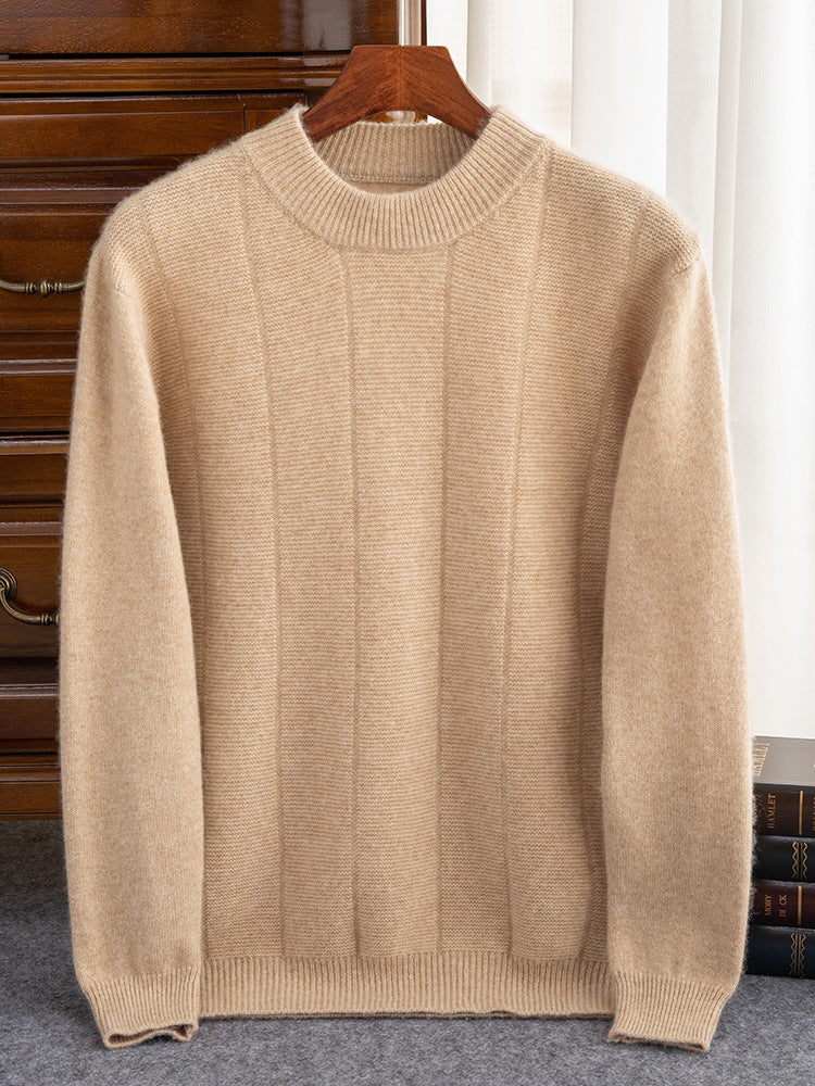 High Sense Autumn And Winter New Cashmere Sweater Men's Round Neck Striped Double Thick Sweater Casual Solid Color Bottoming Shirt