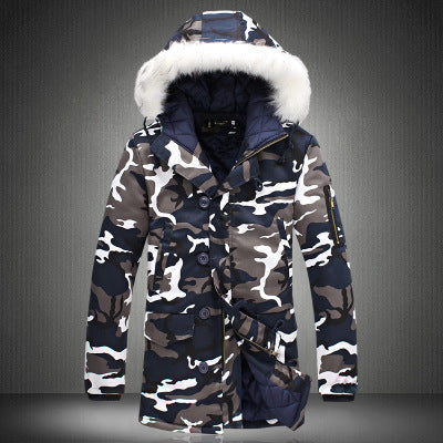 Camouflage large fur collar mid-length padded coat