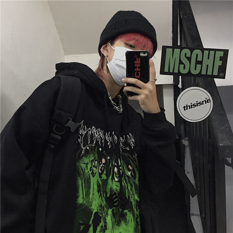 Dark Harajuku Hongkong Style Depressed Devil Print Autumn And Winter Loose Fleece-lined Hoodie Sweater Male And Female Couples Wear