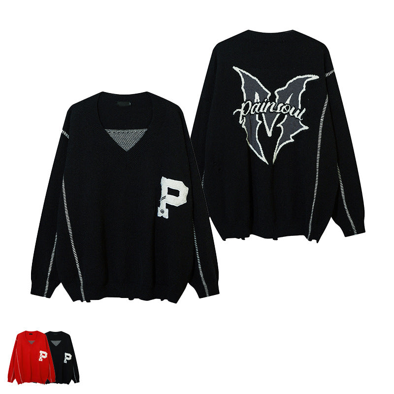 High Street Broken V-Neck Black Sweater Men