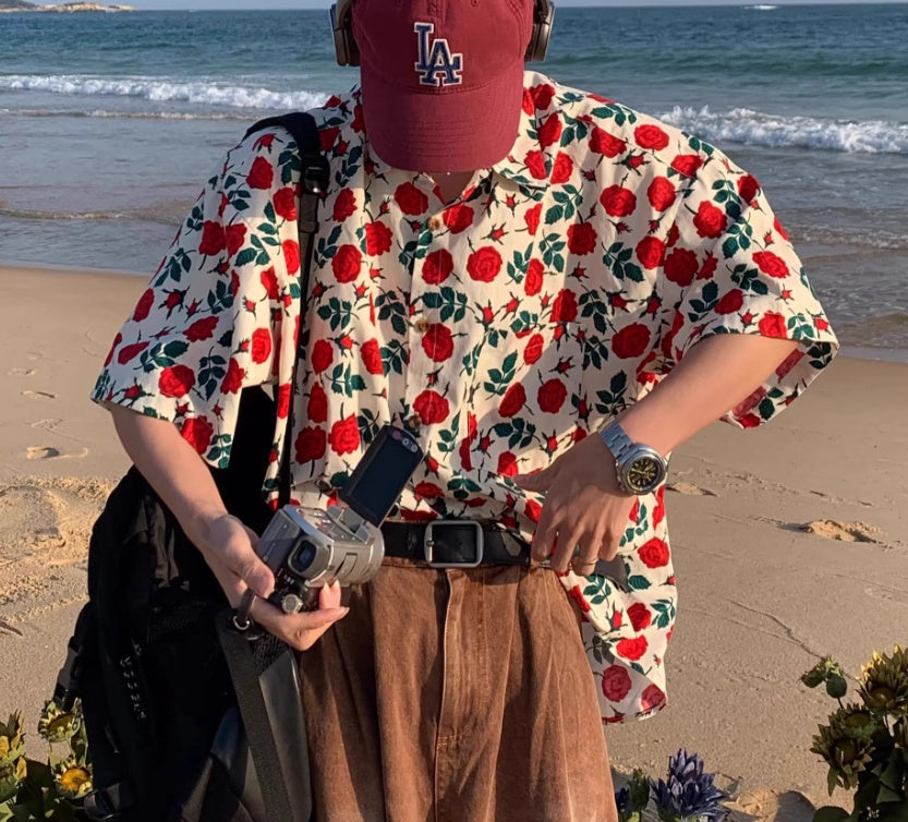 Summer Port Style Retro Rose-printed Short-sleeved Shirt