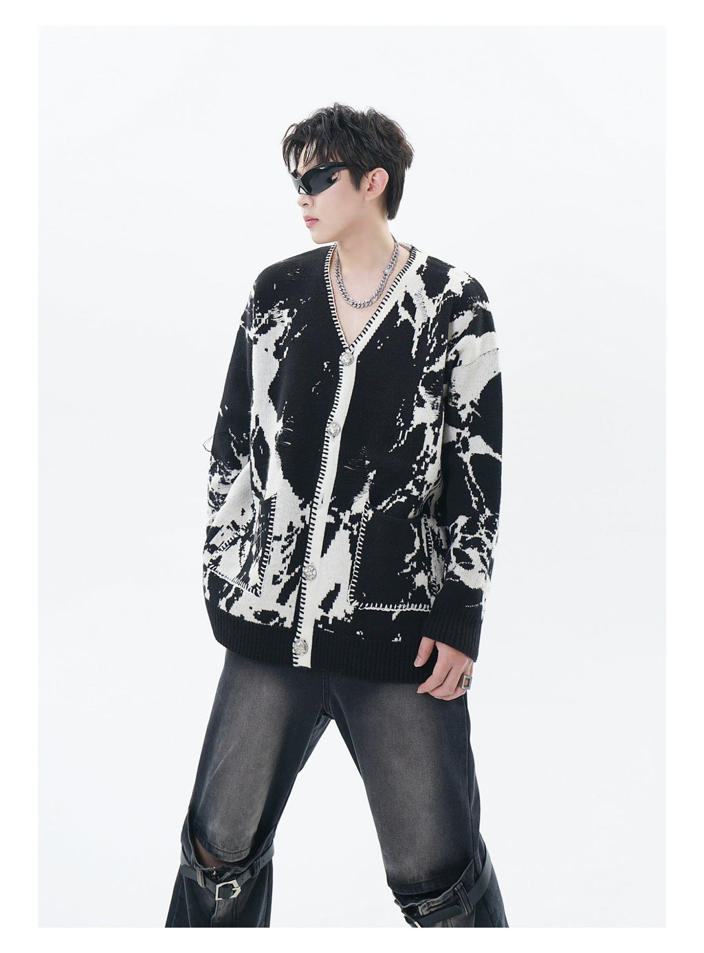 Snowflake Ripped Niche V-neck Knitted Tup Cardigan