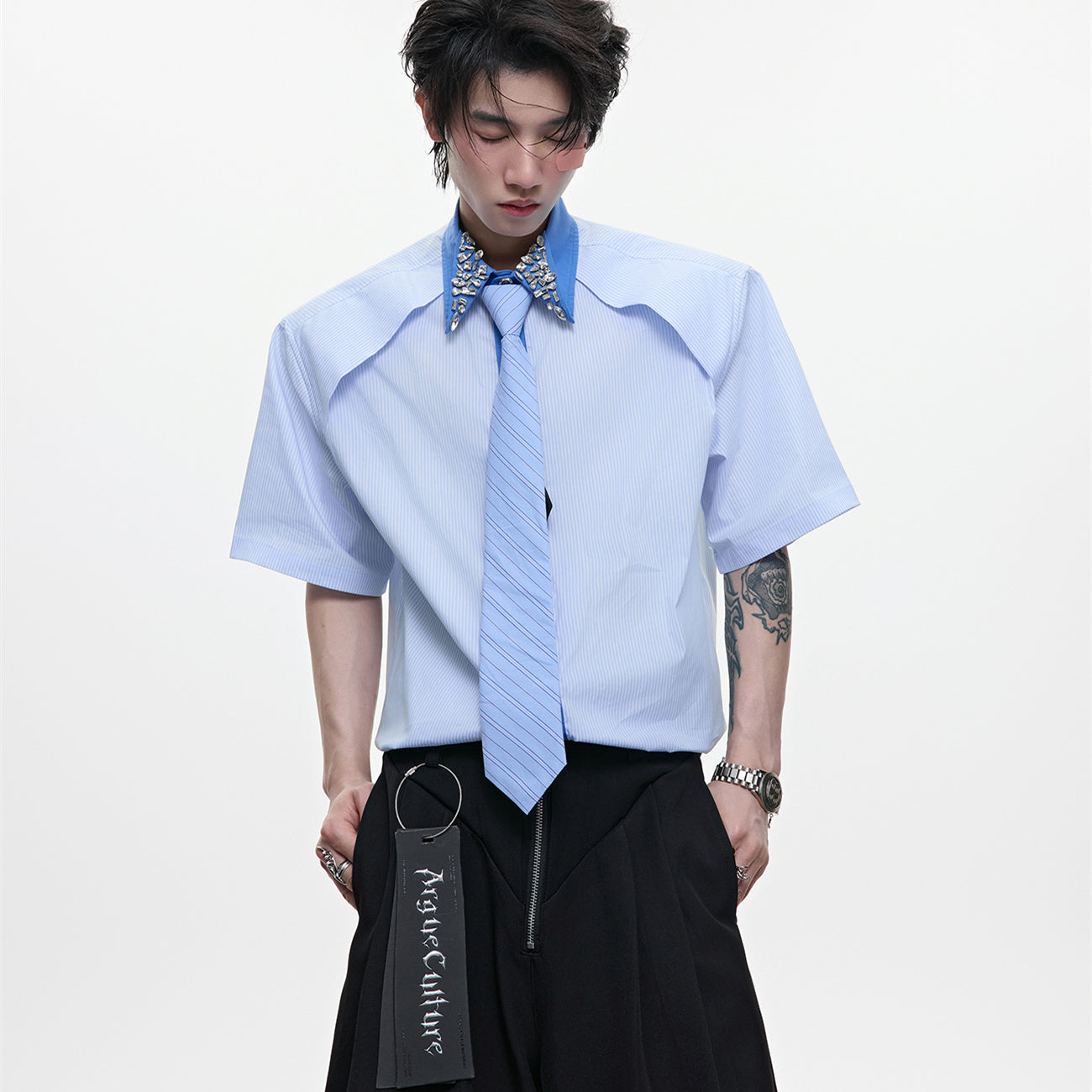 Men's Diamond Tie Dual-color Patchwork Striped Shirt