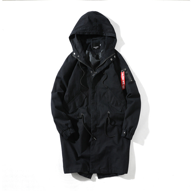 Solid color hooded mid-length trench coat men's jacket