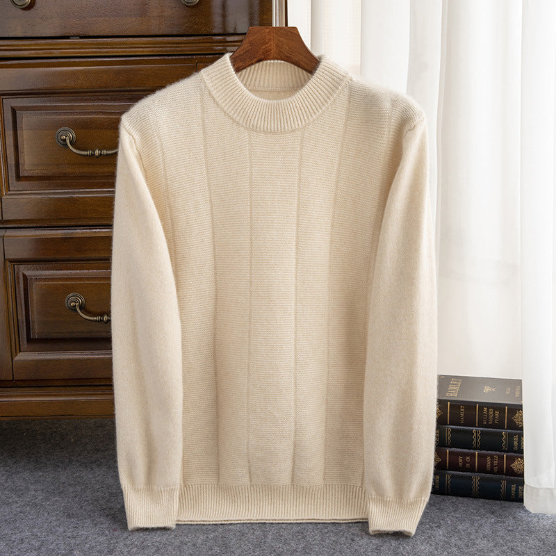 High Sense Autumn And Winter New Cashmere Sweater Men's Round Neck Striped Double Thick Sweater Casual Solid Color Bottoming Shirt
