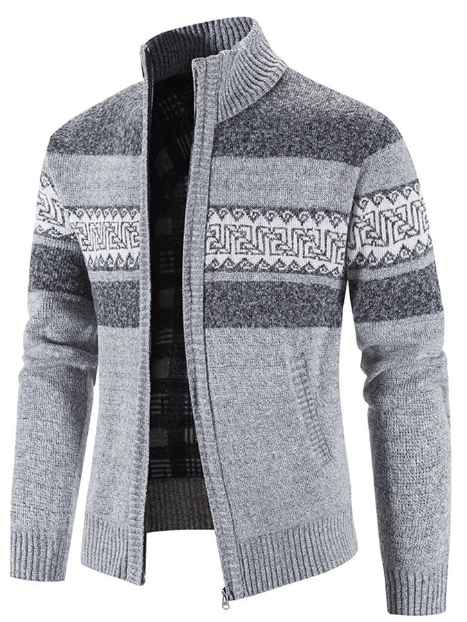 Casual Men's Hooded Color Block Printed Cardigan Knitted Cardigan Sweater Jacket