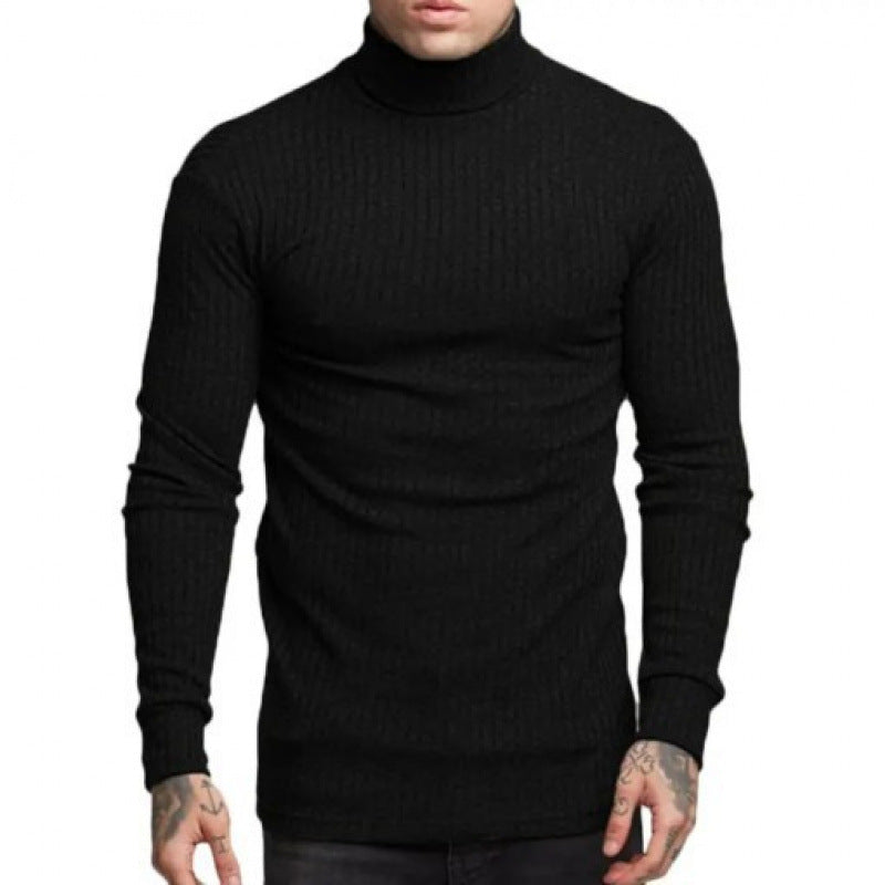 Casual Men's Fashion Solid Color High-neck Twisted Stripe Knit Sweater Slim Fit Knitwear