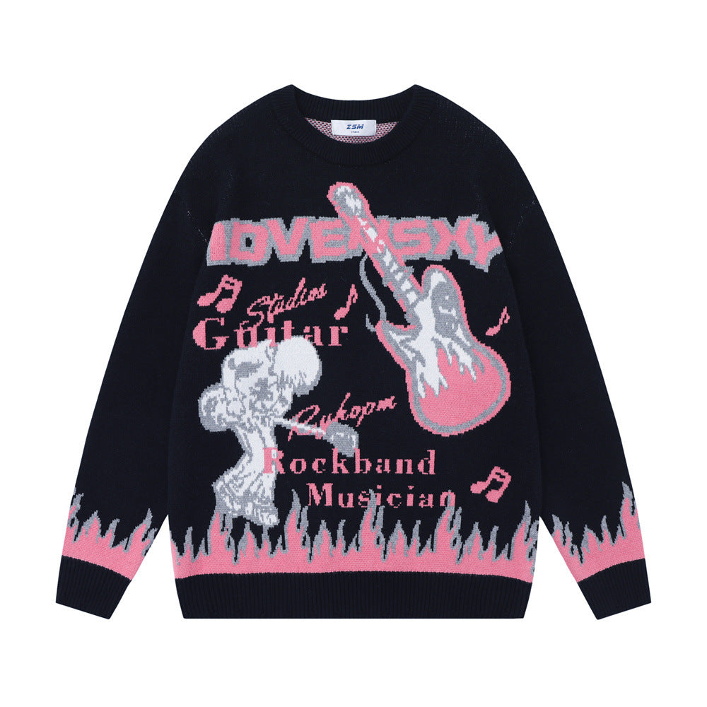 European And American Rock Anime Flame Jacquard Round Neck Sweater