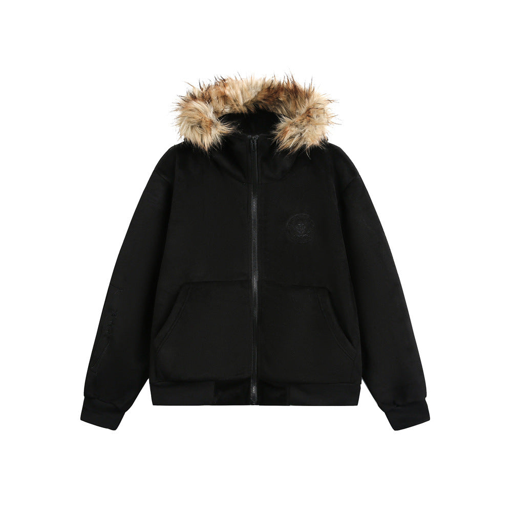 American Retro Men's Sweater Hooded Fur Collar Cardigan