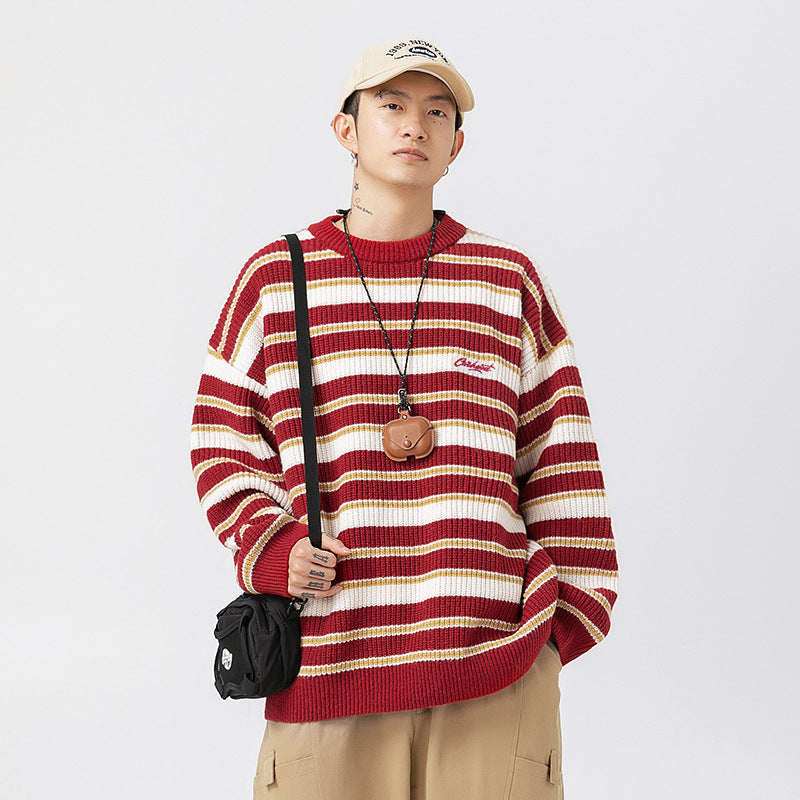Striped Heavy Thick Needle Sweater Men's Couple Retro Contrast Color Japanese Style