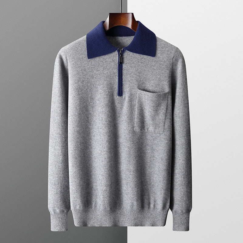 Foreign Trade Men's Autumn And Winter Contrast Color Wool Knitted Half-open Polo Long-sleeved Fleece Sweater
