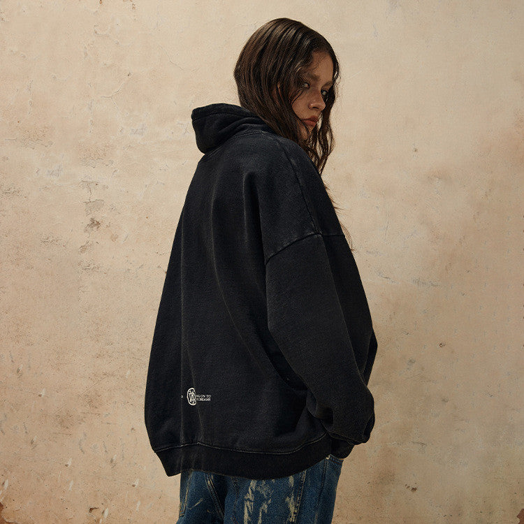 Washed Turtleneck Print Loose Retro Letter Terry Sweater