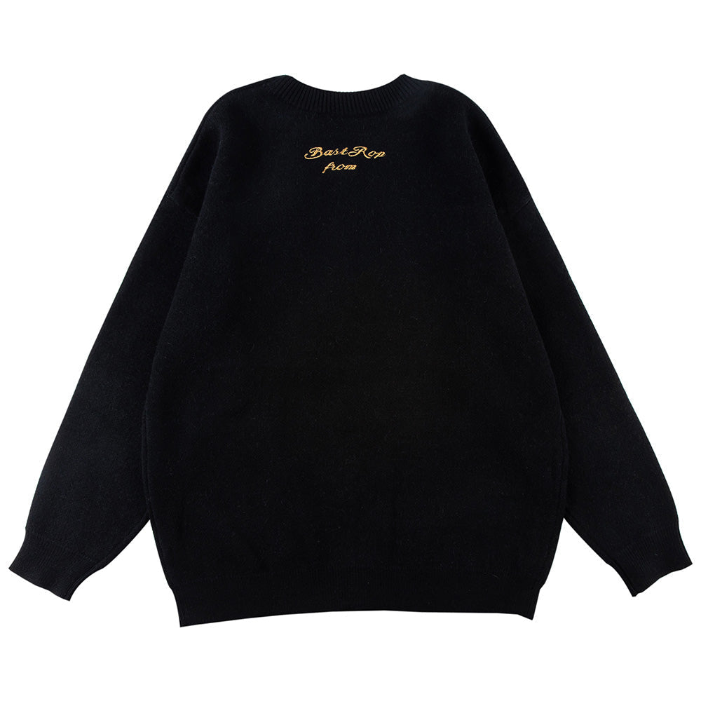 Funny Skull Crew Neck Sweater Embroidery