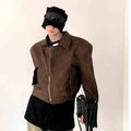 Short Padded Shoulder Brown Leather Coat Men's Pilot Jacket