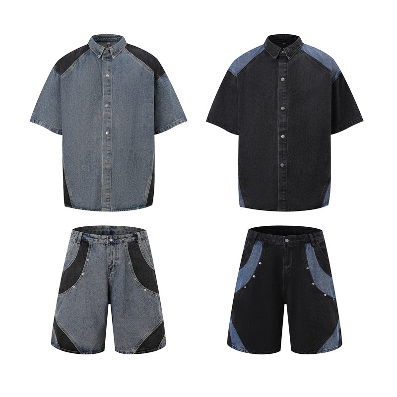 Retro Personalized Washed Short-sleeved Jeans Suit