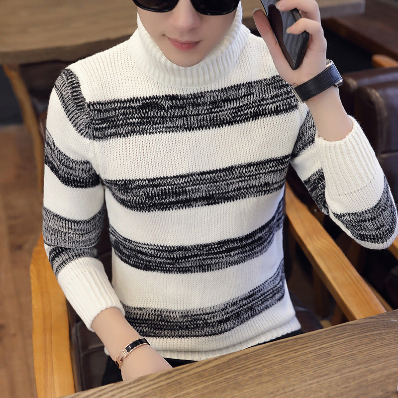 Knit Sweater Thick Warm Casual Stripes Men's Turtleneck Sweate