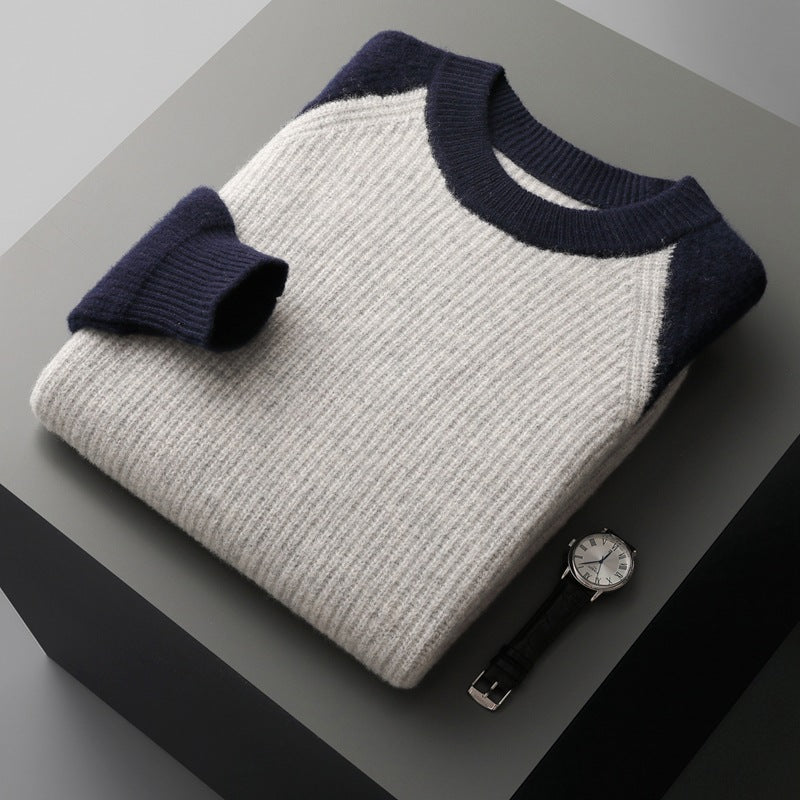 Woolen Sweater Men's Color-block Crew Neck Ingot Needle Thickened Knitting Wool Base