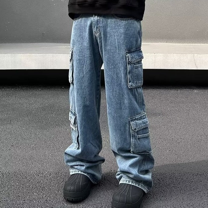 American Street Hip Hop Style Multi-pocket Workwear Jeans