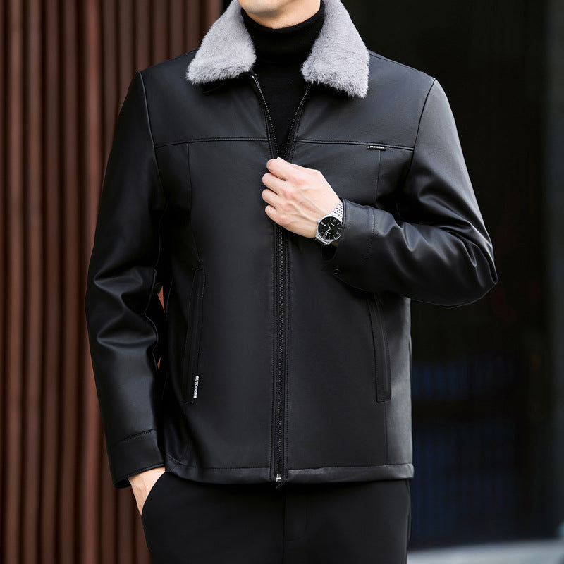 Leather Down Jacket Men's Autumn And Winter New Middle-aged Father Thickened