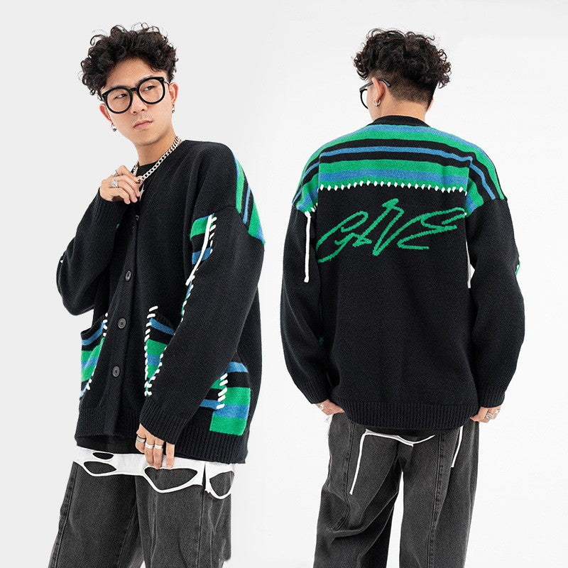 V-neck Single Breasted Knit Casual Loose