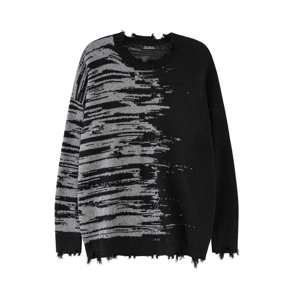 Zebra Pattern Color Matching Ripped Tassel Loose Round Neck Knitted Sweater