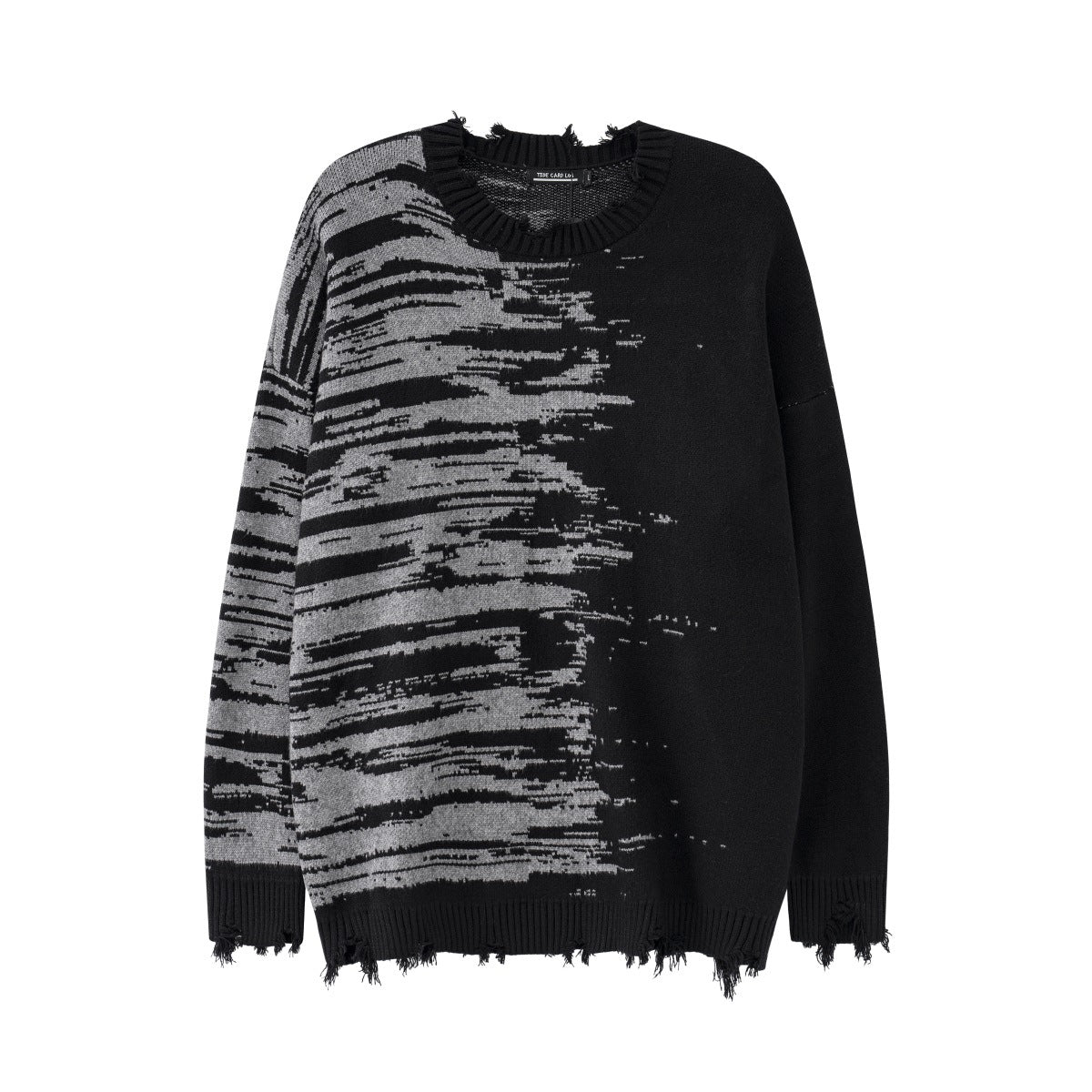 Zebra Pattern Color Matching Ripped Tassel Loose Round Neck Knitted Sweater