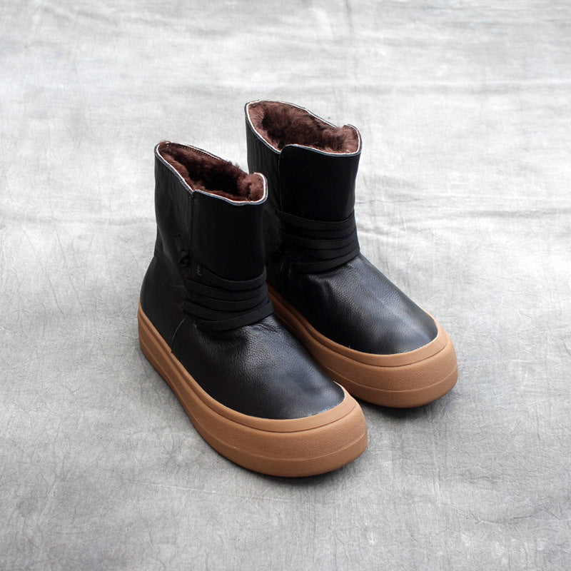 Handmade Cowhide Boots For Women With Vintage Round Head