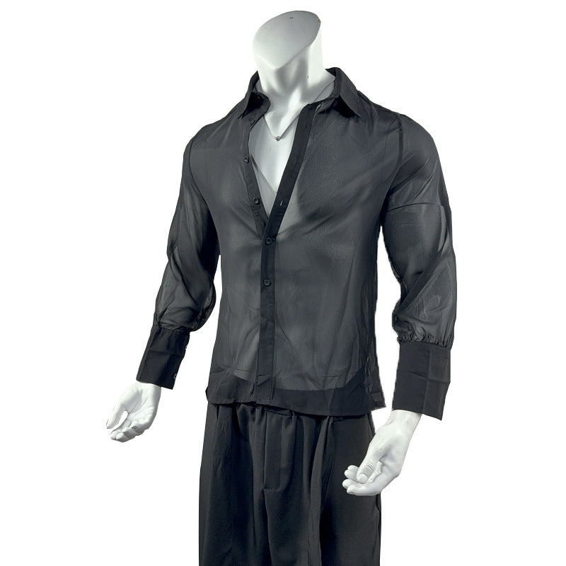 Black Thin See-through Chiffon Men's Slim Shirt