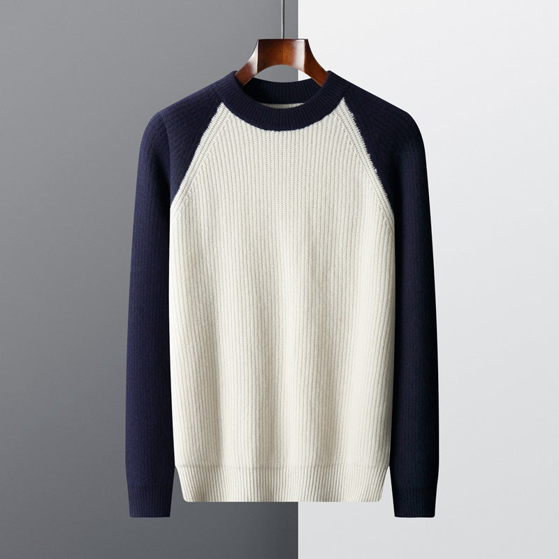 Woolen Sweater Men's Color-block Crew Neck Ingot Needle Thickened Knitting Wool Base