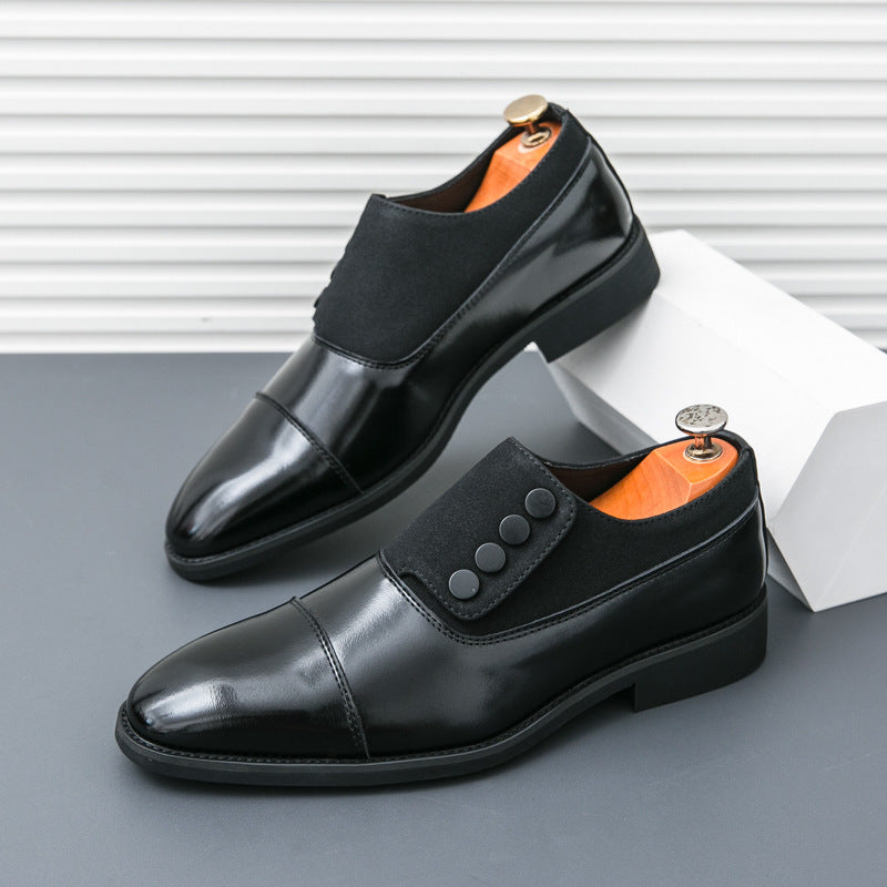 Low Top Pointed Round Toe Button Leather Shoes Men Slip-on
