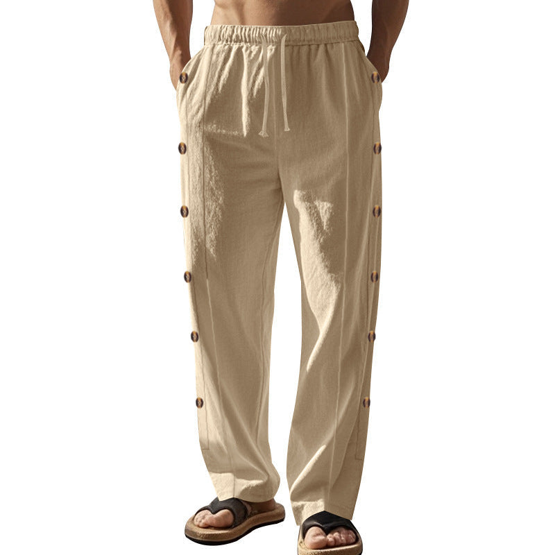 Drawstring Waist Side Button Solid Color Casual Men's Straight Pants