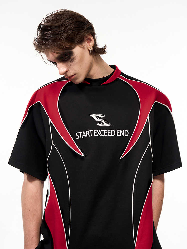 Letter Print Short-sleeve Men's Color Matching Sports Jersey T-shirt