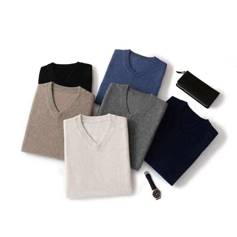 Men's Cashmere Sweater Pure Cashmere V-neck Long Sleeve Knitted Sweater