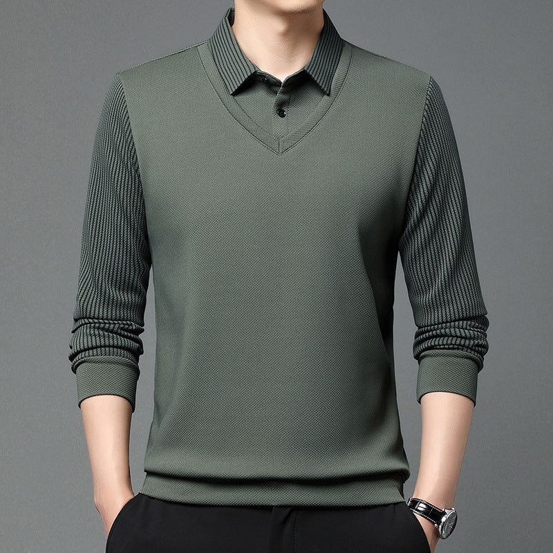 Business Casual Men's Clothing Fake Two-piece Striped Sleeve T-shirt