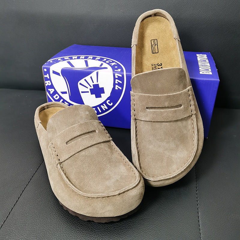 Cowhide Retro Closed Toe Half Slippers Mule Platform Casual Shoes Men And Women Same Style