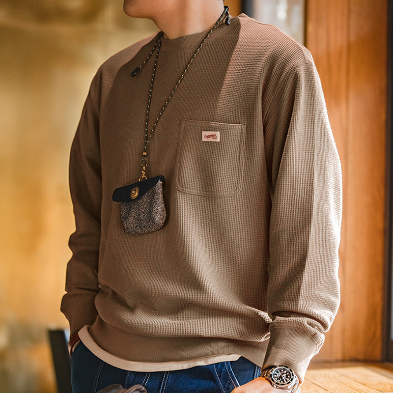 Waffle Crew Neck Long Sleeve T-Shirt Knit Sweatshirt