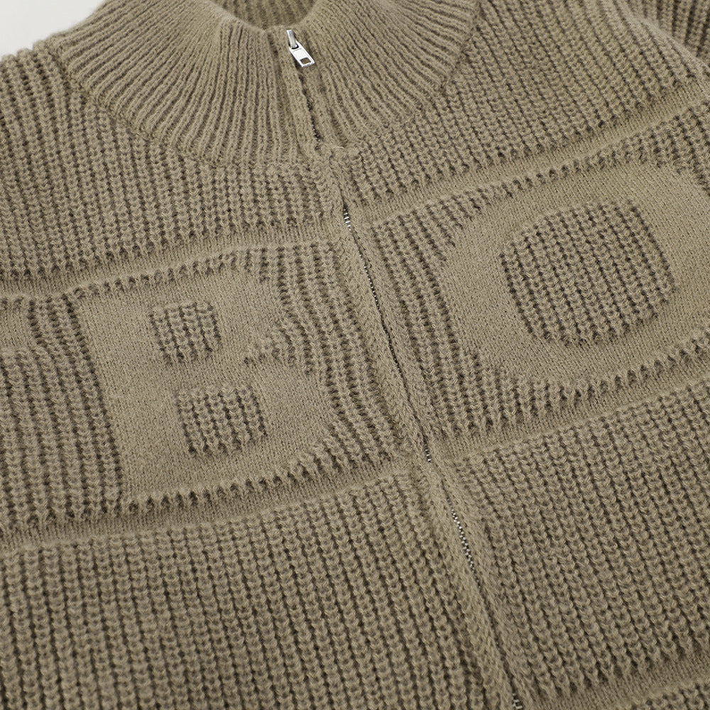 Sunken Stripe Textured Jacquard Cardigan Stand Collar Sweater
