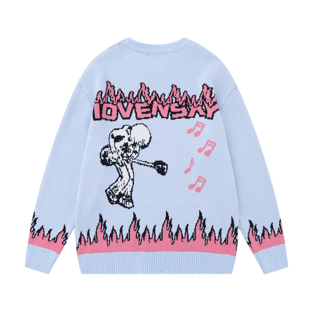 European And American Rock Anime Flame Jacquard Round Neck Sweater
