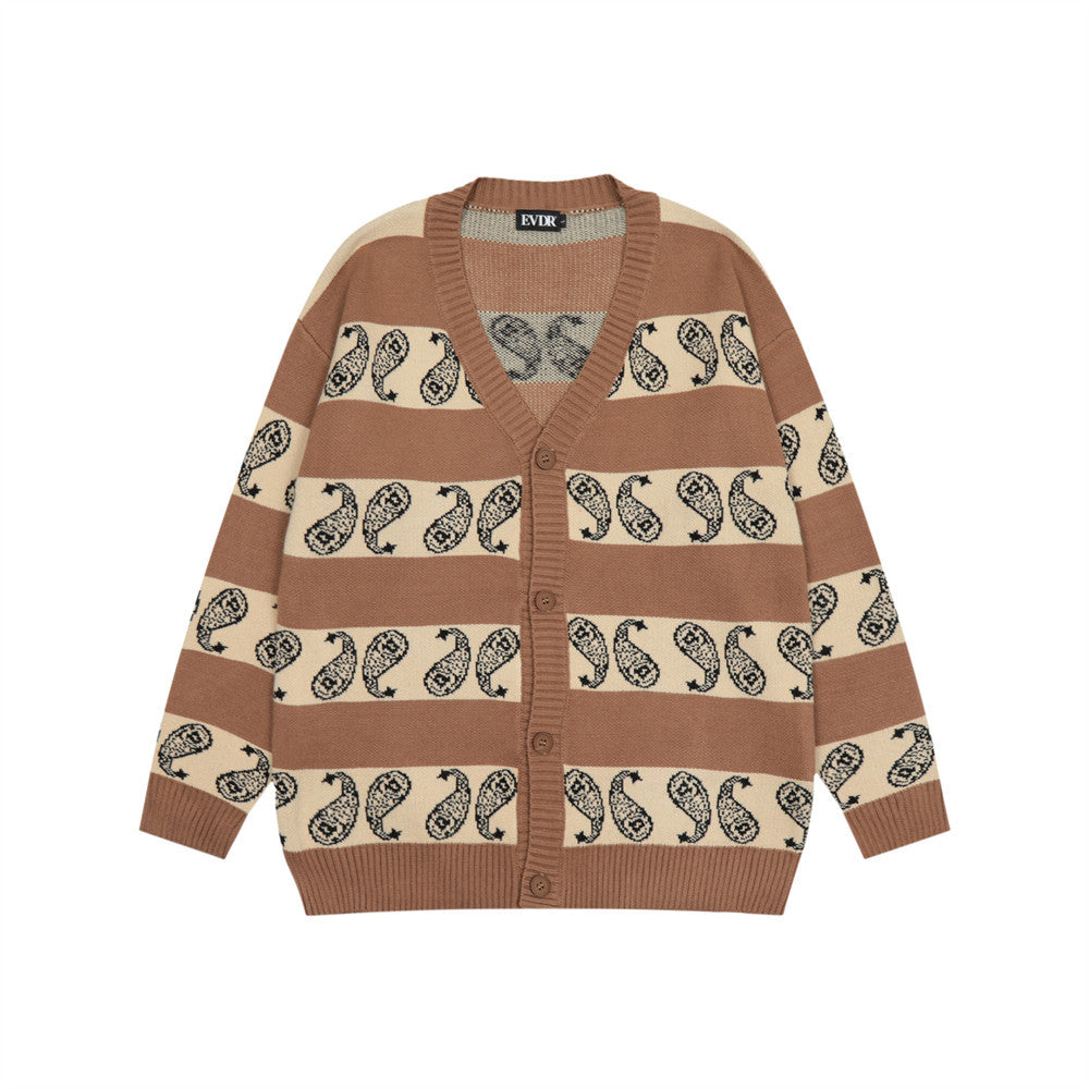 Jacquard Stripe Embroidered Pattern Knitwear Men's V-Neck Sweater