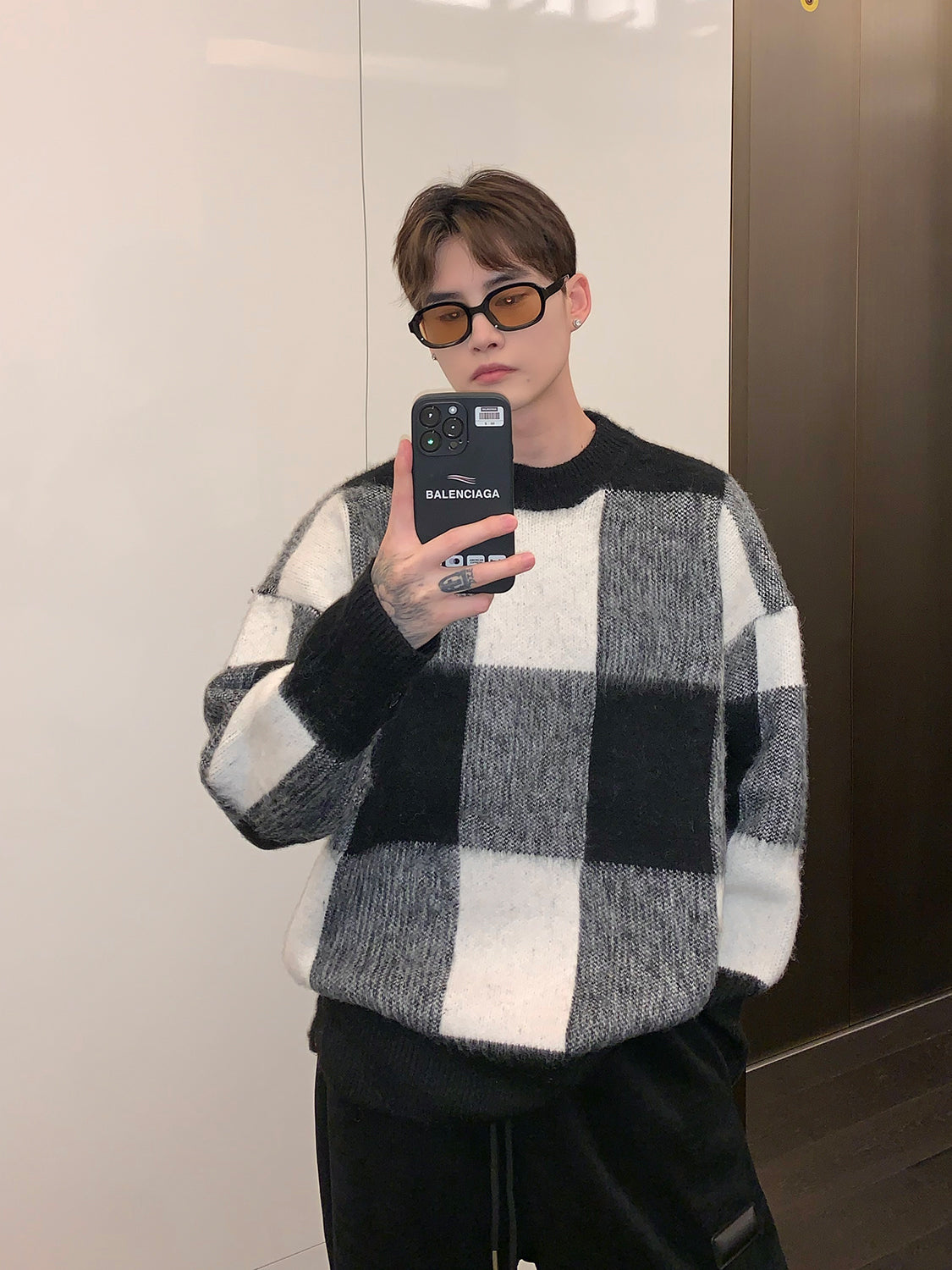 Plaid Color Contrast Crewneck Sweater Men