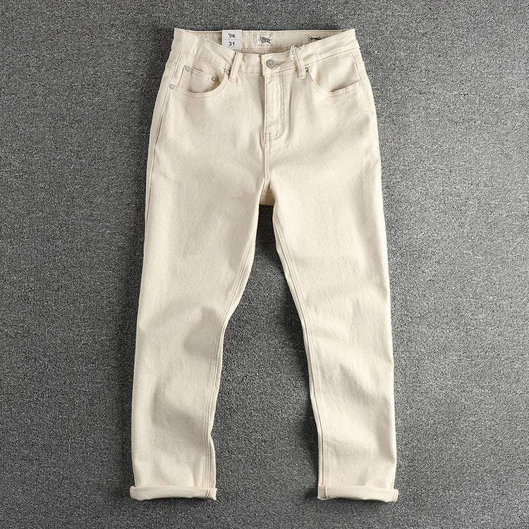 Vintage Raw Creamy-white Fabric Washed Jeans